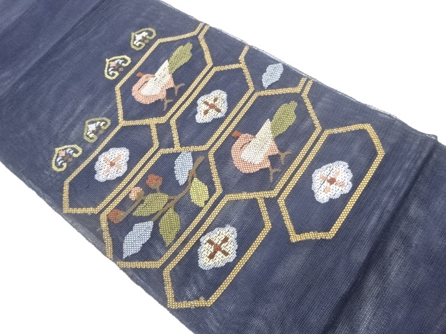 紗紬変わり横段に花鳥模様織出し名古屋帯